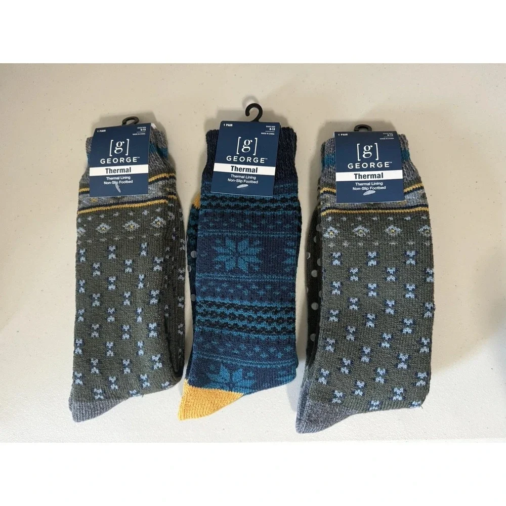 (3) George‎ Thermal Socks Men Size 6-12 Thermal Lining Non-Slip Footbed NEW